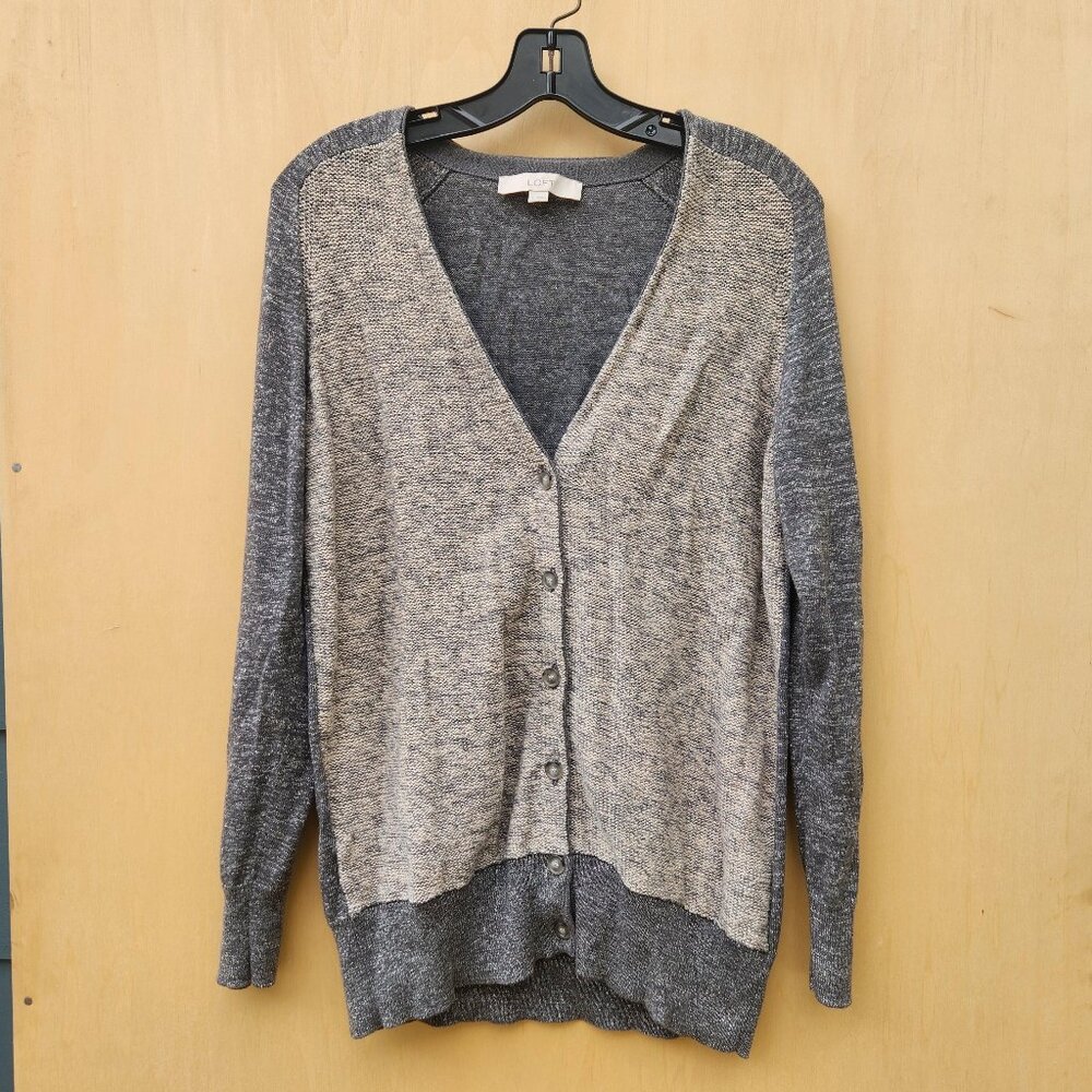 Ann Taylor LOFT Gray Metallic Thread V Neck Button Up Cardigan Sweater - Large